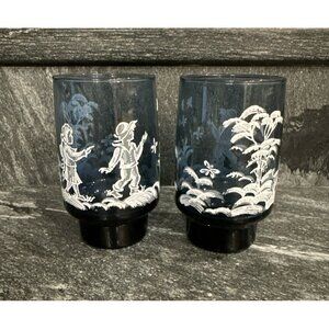 VTG Set of 2 Libbey Mary Gregory Style Blue Drinking Glasses Tumblers 12 oz